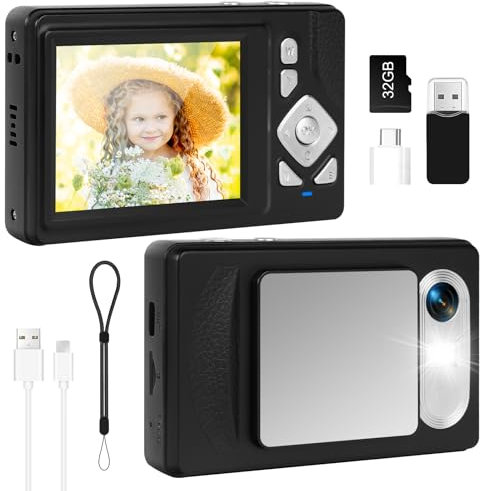 Fotocamera digitale 4K - 48MP UHD fotocamera digitale con 2,83” Schermo LCD e 18X Zoom Digitale Anti-Shake Fotocamera Fotografia Vlogging con 32gb SD Card per bambini Studenti Principianti (Nero)