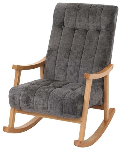 Mendler Schaukelstuhl HWC-K10, Relaxsessel, Holz FSC® Stoff/Textil Chenille (465g/m²) - dunkelgrau, Gestell Natur