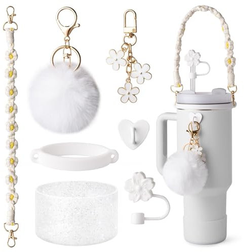 Winmany 7PCS Accessories Set for Stanley Cup Includes Macrame Wristlet Handle Strap Silicone Straw Covers Cap Bottle Boot Pompom Pendant Charms Compatible with Stanley Cup 30/40oz Tumbler (White)
