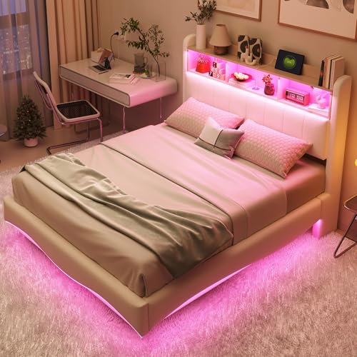 WIZBED Bett 140x200 mit L-E-D & USB & Type-C, Polsterbett mit Stauraum Kopfteil, Doppelbett mit Lattenrost, Jugendbett Stauraumbett Leinenstoff Bettgestell, ohne Matratze Beige