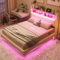 WIZBED Bett 140x200 mit L-E-D & USB & Type-C, Polsterbett mit Stauraum Kopfteil, Doppelbett mit Lattenrost, Jugendbett Stauraumbett Leinenstoff Bettgestell, ohne Matratze Beige