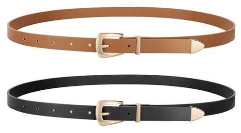 WERFORU 2 Stück Skinny Damen Ledergürtel für Kleider Dünner Taillengürtel für Jeans Hosen