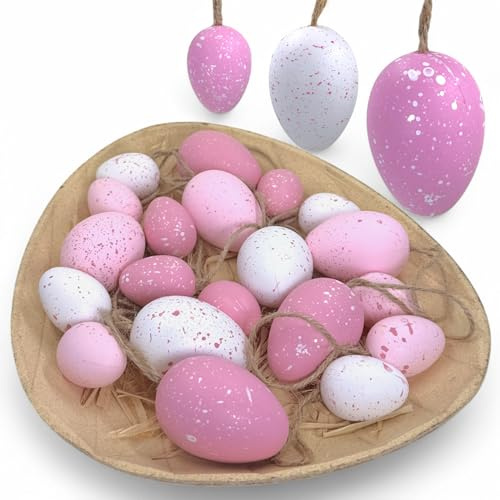 MIJOMA 20-teiliges Ostereier-Set – realistisch aussehende Kunststoff-Eier mit Juteband – Schale in Eiform – perfekte Osterdeko zum Aufhängen & Dekorieren (Violetttöne)