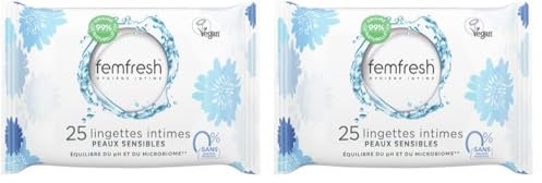 Femfresh - Lingettes Intimes Peaux Sensibles 0%, Aloe Vera & Calendula - 25 Lingettes (Lot de 2)