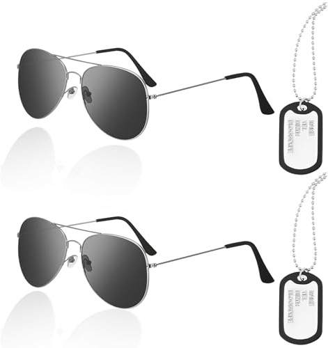 WDFCN 2 Stück Fliegerbrille Set Silber Erkennungsmarke Herren Verkleidung Accessoires Kette Flieger Captain Kostüm für Armee Militär Cosplay Pilot Flugbegleiter Motto-Party Karneva