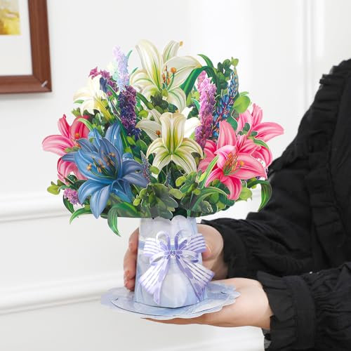 Pop Up Paper Flowers Greeting Card, 3D Lily Bouquet, Birthday Gifts for Mum Grandma Wife Daughter Girlfriend Sister