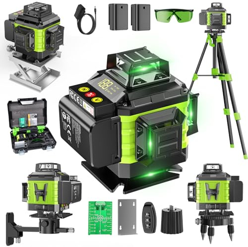 Nivel Laser Autonivelante 360 Grados, Nivel Láser Verde 16 Líneas, 2 x 360 Horizontal y 2 x 360 Verticales, 2 x Batería, Montaje en Pared, Control Remoto, Base Magnética, Soporte Giratorio, Trípode