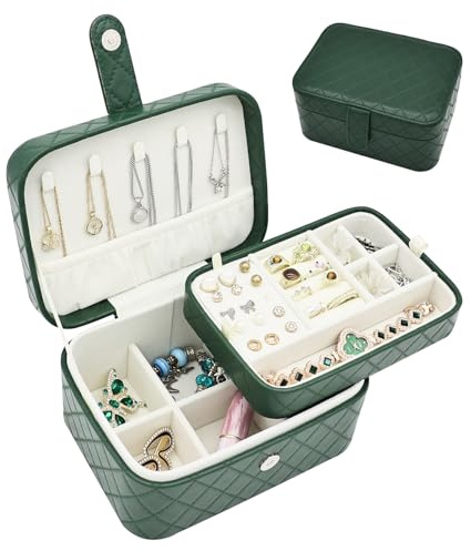 Boxudeli Schmuckkästchen Reise, 2-Ebenen Schmuck-Organizer, Mittelgroße Reise Schmuckschatulle, Tragbare Schmuckaufbewahrungsboxen aus Kunstleder mit Argyle-Muster für Damen (Dunkelgrün)