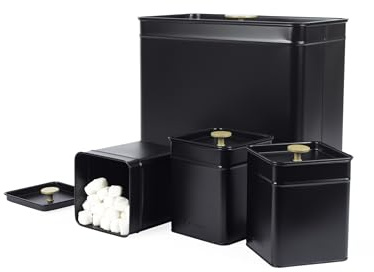 Salter Alchemy 4-Piece Countertop Set - Bread Bin & 3 Storage Containers, Tea, Sugar, Coffee Canisters, Powder Coated Carbon Steel, Long Lasting Freshness, Easy Clean, Food Storage Tins, Black/Gold