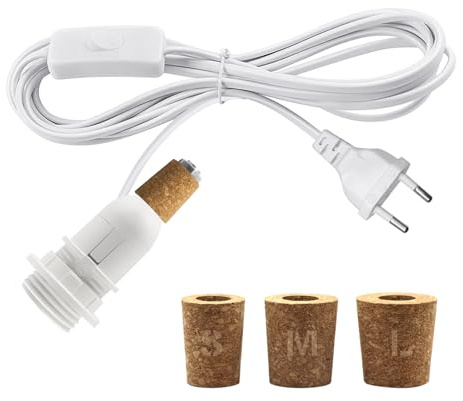 Kit Lampe Bouteille, Douille E14 avec Cable et interrupteur 2.4M, Adaptateur Bouteille pour Douille de Lampe, Inclus 3 Couvercles en Bois, Douille Ampoule pour Bouteille, Pour DIY Abat Jour, Blanc