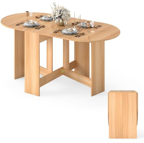 COSTWAY Table Extensible Salle à Manger pour 4-7 Personnes, Table Ronde Convertible avec 2 Rallonges Semi-ovales et Base en Croix pour Cuisine, Salon, Charge Max 60KG, 163 x 80 x 75CM (Naturel)