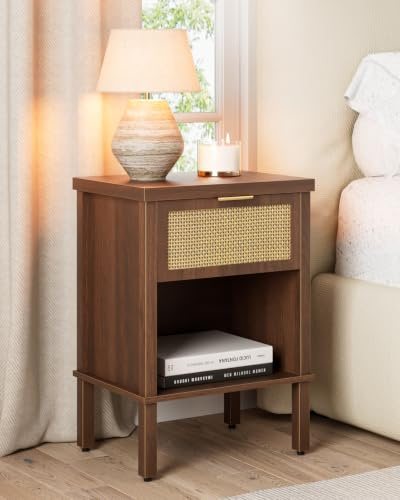 Apetaccat Nachttisch Rattan, Nachttisch Holz, Boho Nachtschrank mit Schublade und offenem Regal, Nachttische für Schlafzimmer, Wohnzimmer, 28x38x55cm, Walnuss