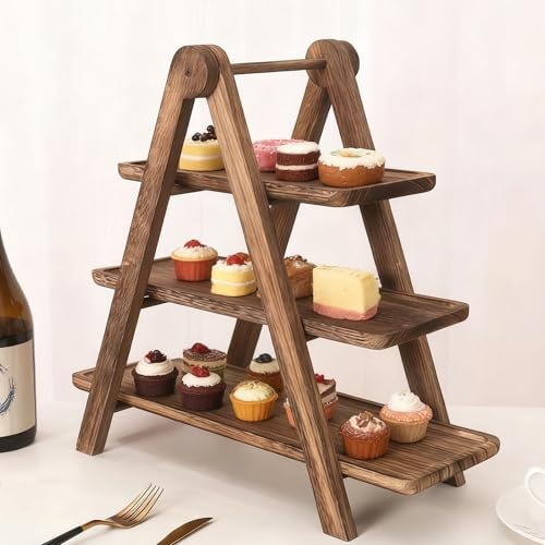 BAIFULAI Etagere 3 Etagen Holz: 42×34×18 cm Faltbar Holzetagere mit Serviertellern für 24 Cupcakes, 3 Ebenen Cupcake Ständer Holz für Desserts, Kuchen, Buffet Zubehör, Partydekoration(Braun)