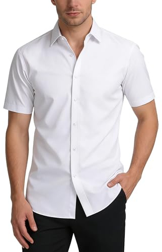 ADUDVLO Mens Shirts Smart Casual Stretch Button Down – Mens White Short Sleeve Shirt Regular Fit Wrinkle-Resistant (UK, Alpha, L, Regular, Regular, White)