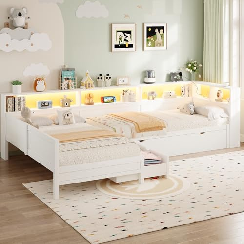 YuQozii 90x200 Holz-Plattformbett in L-Form mit Ausziehbett und Schublade, Einzelbett Doppelbett Weiß