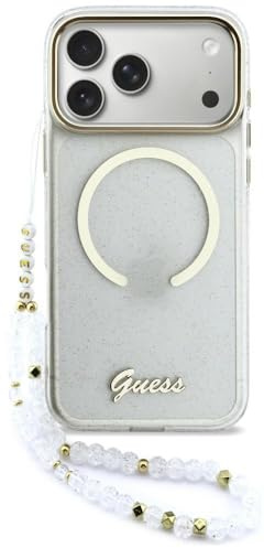 CG MOBILE Guess IML Glitzernder Schriftzug-Riemen kompatibel mit MagSafe Hülle für iPhone 17 Pro Max (Transparent)