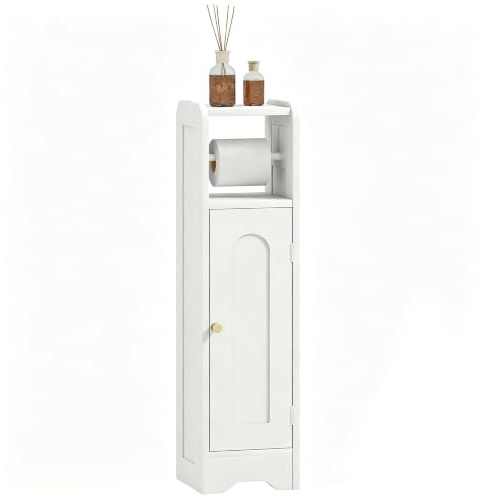 HOMCOM Mobile Porta Carta Igienica Slim con Armadietto 21x20x79 cm Bianco | Mobiletto Bagno con Portarotolo, Ripiano Regolabile, Salvaspazio, In Legno