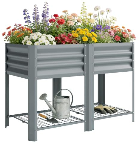 Outsunny Metal Raised Garden Bed with Storage Shelf, Planter Box with Legs | Elevated Design, Bed Liner, Gloves, Raised Planter for Vegetables Flowers Herbs, Outdoor