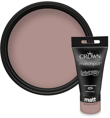 Crown WALLS & CEILINGS Dusky Pink Matt Paint Tester - Sample 40ml | Try Always Orchid before you buy. See the true colour on your wall, in your own light. Low VOC, low odour, breatheasy