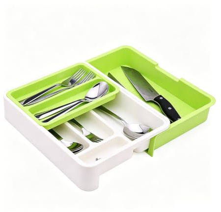 HornTide 3-in-1 Cutlery Tray, Expandable Utensils Holder, Plastic Kitchen Drawer Organizer for Silverware Storage and More - Green
