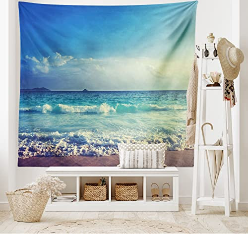 ABAKUHAUS Tropisch Wandteppich und Tagesdecke, Strand-Sonnenuntergang Waves aus Weiches Mikrofaser Stoff Waschbar ohne Verblassen Digitaldruck, 230 x 140 cm, Creme