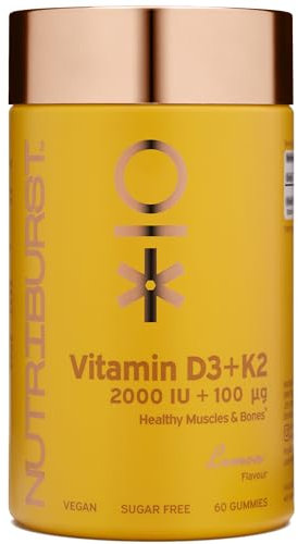 Nutriburst Vitamin D3 (2000IU) + K2 (100µg) - Essential Nutrients to Support Bone Health, Skeletal & Immune Function - Vegan, Sugar Free Supplement - 60 Lemon Gummies - 1 Month Supply