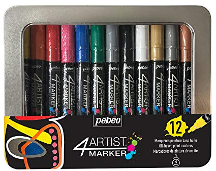 Pébéo Boite Metal 4artist Marker 12 marqueurs 4mm, Plastique, Blanc/Noir/Jaune/Orange/Rouge/Rose/Bleu foncé/Vert foncé/Gris/Or/Argent/Cuivre, 12x4mm, Set Pièces