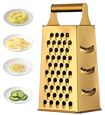 Large Cheese Grater Vegetable Slicer Stainless Steel with 4 Sides, 9.2 Inches Multifunctional Cutter Planing for Ginger, Garlic, Cucumbers, Carrots, Cheese, Potato, graters for Kitchen (Gold)
