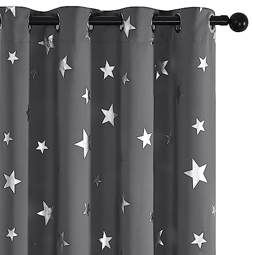 Deconovo Cortinas Opacas Telas Térmicas Aislantes Frio y Calor para Salon con Diseño de Estrllaa Plateadas 2 Piezas 140 x 245 cm Gris Oscuro