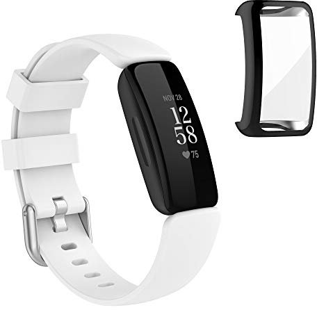 Yikamosi Kompatibel mit Fitbit inspire 2 Armband/Hülle,Schnellver Weiches TPE rostfreiem Metallverschluss Ersatzbänder & Tpu Rundum-Schutzhülle für Fitbit inspire 2,Klein-Weiß