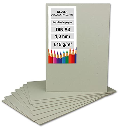 10x Buchbinderpappe DIN A3 (29,7 x 42 cm) - Stärke 1,0 mm (0,1 cm) - Grammatur: 615 g/m² - Graupappe zum Basteln, Modellbau, Buchbinden
