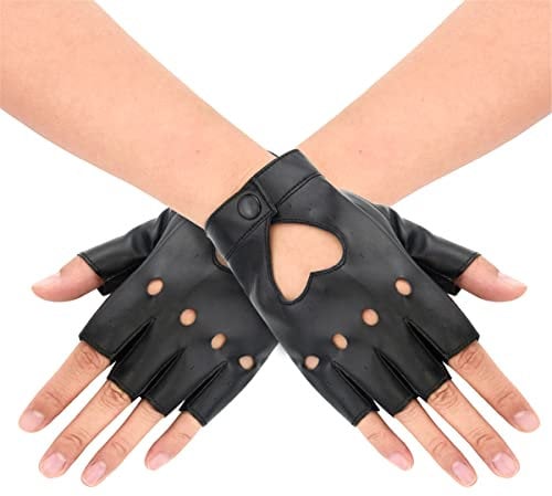 jerbro 1 Paar Punk Handschuhe Halb Finger PU Leder Aushöhlen Fingerlose Handschuhe für Erwachsene Hip Hop Halloween Cosplay Performance Kostüm