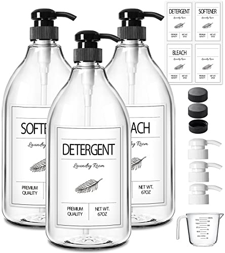 GMISUN Plastic Laundry Detergent Soap Dispenser, Liquid Laundry Detergent Dispenser, Container for Farmhouse Laundry Room Decor, Organizer for Liquid SoftenerBleach Heavy Duty Plastic Bottle(3 Pack)