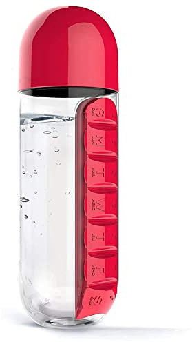 SaiDeng Wochen-Pillen-Organizer mit Wasserflasche, 2-in-1, 600 ml, tragbare Pillen-Wasserflasche, 7-Tage-Pillenbox, Organizer für Reisen, Büro, Outdoor, Camping, Rot
