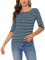 Allegra K Women's Slim Fit Elbow Sleeve Striped Boat Neck T-Shirt, Dark Blue, XS
