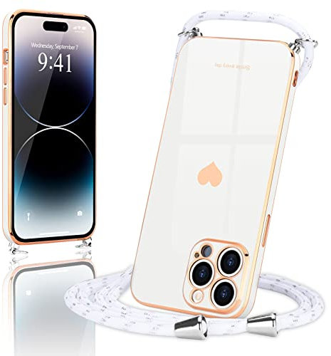 Wirvyuer Handyband Kompatibel mit iPhone 14 Pro Handyhülle Necklace Hülle mit Band zum Umhängen Kameraschutz Liebesherz Schutzhülle mit Halsband Silikon Umhängetasche für iPhone 14 Pro Weiß
