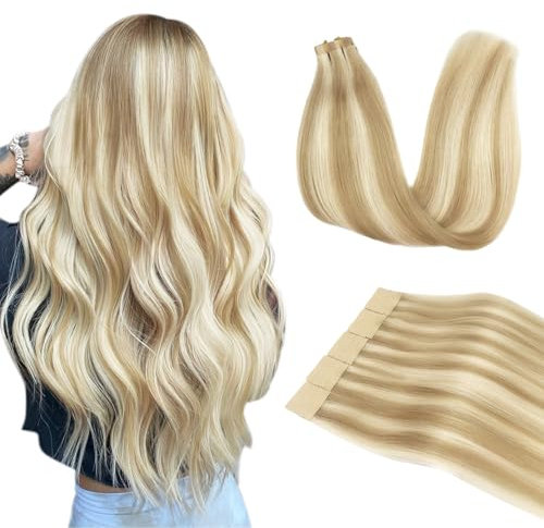DOORES Extensions Echthaar Tape in, Dreckiges Blond Highlights Bleichblond 50cm (20zoll) 50g 20pcs, Hair Extensions Echthaar Remy Haar Natural Hair
