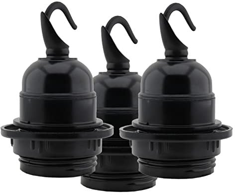 Art Deco Emporium Triple Pack E27 Lampholder in Black Bakelite with Shade Ring and Deco Styled Chain Hook for Hanging Light Fittings, Black Ceiling Light Fitting or Pendant Light Fitting