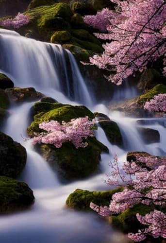 Quadro composito in alluminio 30 x 40 cm: cascata con fiori di ciliegia come il fiore di Sakura nella foresta. Rappresentazione 2D (191675057)