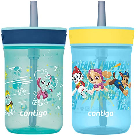 Contigo Leighton Kids Water Bottle, 2-Pack, 14oz, Paw Patrol, Spill-Proof, Dishwasher Safe Tumbler with Straw, Blue and Yellow