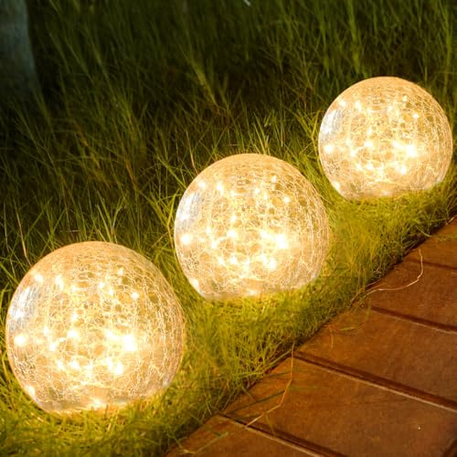 Outdoor Waterproof IP65 Solar GlobeLight Led Solar Light Balls for Lawn Garden Patio Table Art Decoration, Yard Landscape Illuminated Cracked Glass Sphere Gazing Ball