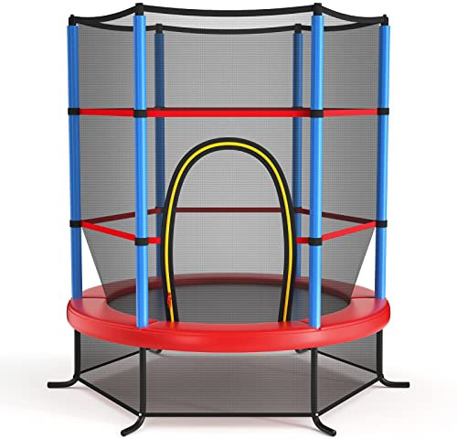 GOPLUS Trampolin Indoor, Kindertrampolin mit Sicherheitsnetz, überdachung, verzinkte Stahlkonstruktion, Sprungmatte, Gartentrampolin rund bis 135kg belastbar (Blau)