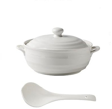 Vnook Sopera De Cerámica Blanca De Doble Mango Cacerola De Plato Blanco Redondo De Cerámica/Olla De Barro/Olla De Barro/Utensilios De Cocina De Cerámica con Tapa Resistente Al Calor,1200ml