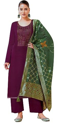 ladyline Partywear - Abito da donna in cotone tinta unita Zari ricamato Salwar Kameez - Dupatta broccato (CESK SGUZ1395), Rani Rosa (G), 36