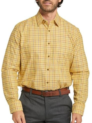 Double TWO Men's Tattersall Check Classic Shirts Outdoor Country Style Long Sleeve Shirt - Colour Mustard, Neck 18 Inches
