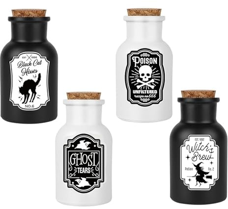 Halloween Decorations for Home - Set of 4 Apothecary Potion Bottles with stickers - Scary Witch Poison Ghosts Black Cat Farmhouse Tiered Tray Decor For Home Table Party Supplies