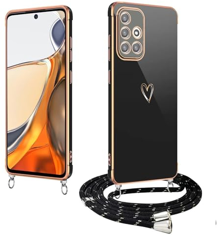 Jeelar YANJIEER ESONG Handykette hülle für Samsung Galaxy A51 4G mit Band,Ultra Dünn Herz Love Motiv Galvanik TPU Silikon Stoßfeste Case,Frauen Mädchen Schutzhülle mit Kordel zum Umhängen Schwarz
