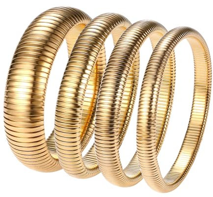 JewelryWe Schlangen Armreif Damen Elastisch: 4pcs 8/10/12/20mm Breite Gold Edelstahl Stretch Armband Elastisch Schlangenarmband Manschette Armspange für Frauen Mädchen