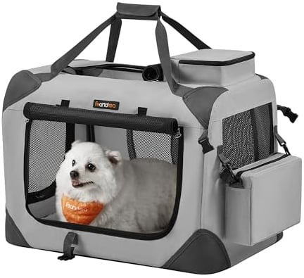 Feandrea Hundebox faltbar, Transportbox Hund, M, Hundetasche, Oxford-Gewebe, Netzstoff, atmungsaktiv tragbar transportabel, Metallrahmen, mit Griffen, Taschen, 60 x 42 x 42 cm, rauchgrau PDC060G02