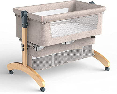 QUNINE Kompaktes zusammenklappbares Nachtbett, Beistellbett, Puppenbetten mit Universalrädern, Faltbare Seitenwand, höhenverstellbares Babybett für Kleinkinder/Neugeborene, Pink Happy (Gelb)